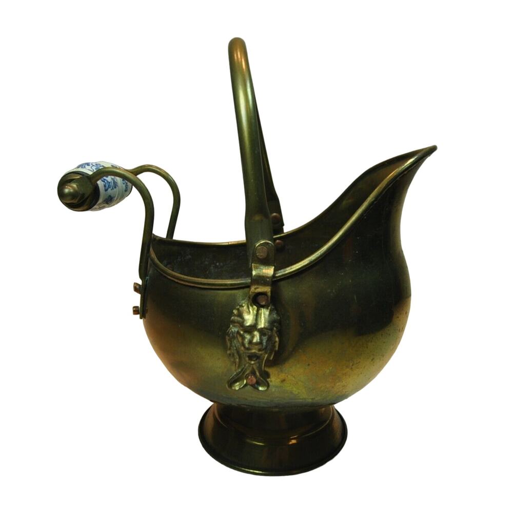Vtg Copper Brass Coal Ash Scuttle Bucket Lion Head Delft Blue Porcelain Handle